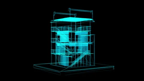 Digital Wireframe Architectural Building Illustration with Blue Neon Lines .. Stock Footage 344728228