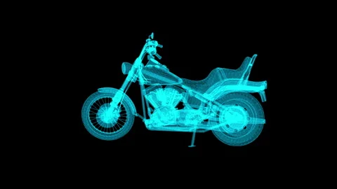 Digital Wireframe Blueprint of a Motorcycle in Neon Blue Light on Black Bac.. 库存影片 334583341