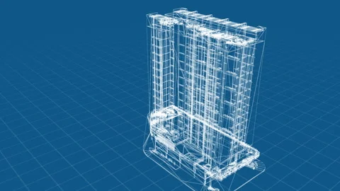 Digital Wireframe Blueprint of Skyscrapers on Grid Pattern Background Stock Footage 344720370