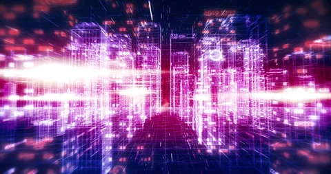 Digital wireframe city animation transitioning to modern server room footage. Stock Footage 324735366