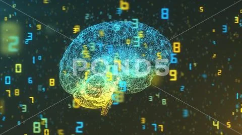 Digital wireframe computer brain in cloud of numbers Stock Illustration