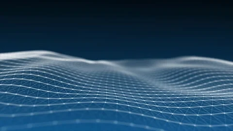 Digital wireframe cyber wave. Abstract blue background with dots and lines Stock Footage 243002106