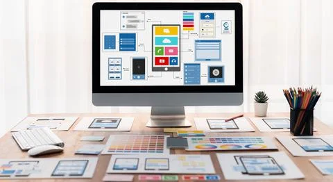 Digital wireframe design for web or mobile app UI on laptop. Scrutinize Stock Photos