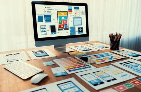 Digital wireframe design for web or mobile app UI on laptop. Scrutinize Stock Photos