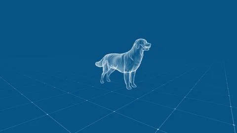Digital Wireframe of a Dog on Gridded Surface in Minimalist Blue Design Conce Stock Illustration
