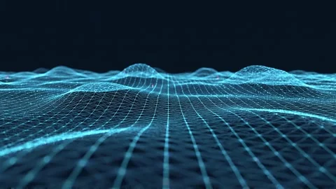 Digital wireframe grid terrain animation with glowing blue nodes for tech b.. 動画素材 343214734