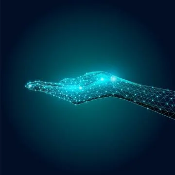 Digital wireframe hand extended against dark blue background. Technology service Stock Illustration