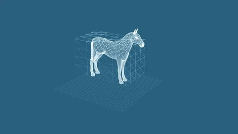 Digital Wireframe Horse in 3D Grid Environment Rendering on Blue Background 库存影片 342781461