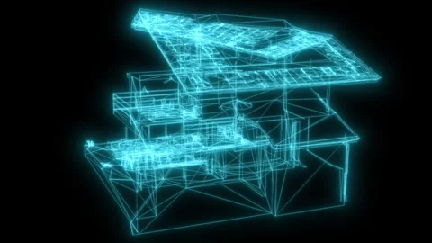 Digital wireframe house blueprint visualizing smart home technology Stock Footage 340072366