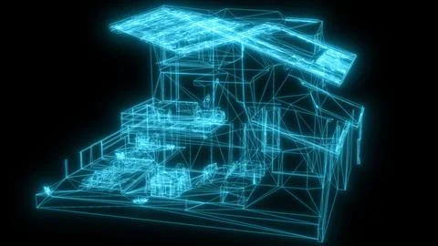 Digital wireframe house blueprint visualizing smart home technology Stock Illustration