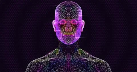 Digital wireframe of a human head and upper torso on a dark background. Bri.. Stock Illustration