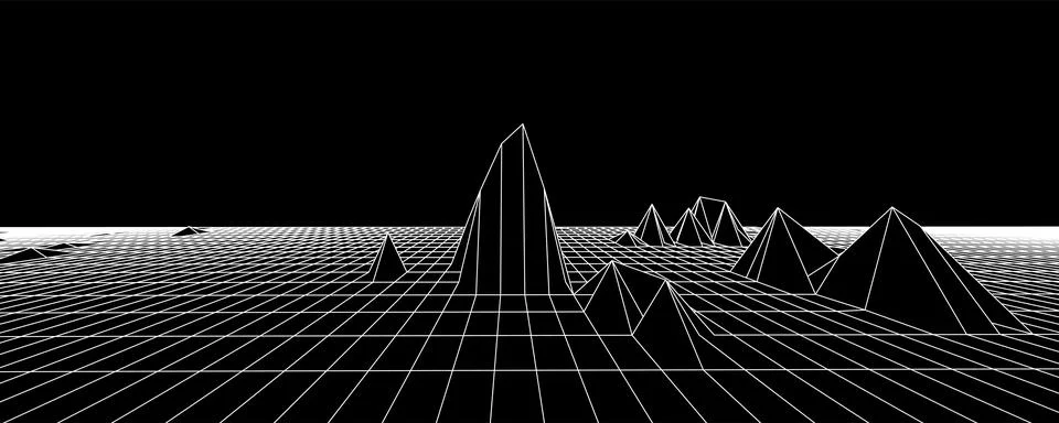 Digital wireframe landscape on black background. Wireframe terrain polygon la Illustrazione stock