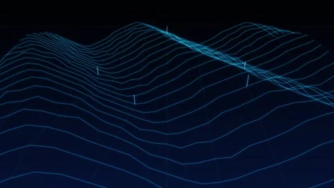 A digital wireframe landscape featuring glowing blue lines on a dark black .. Stock Footage 346068146