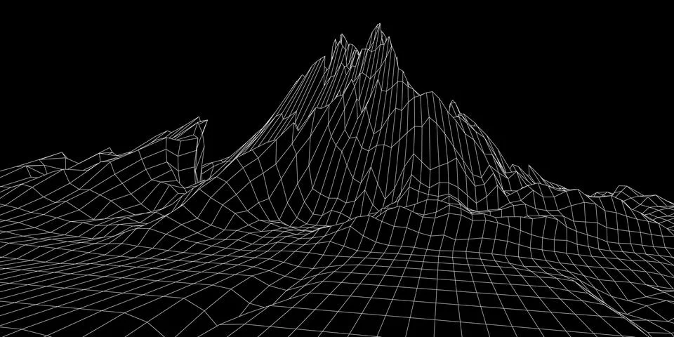 Digital wireframe landscape. Wireframe terrain polygon landscape design. Stock Illustration