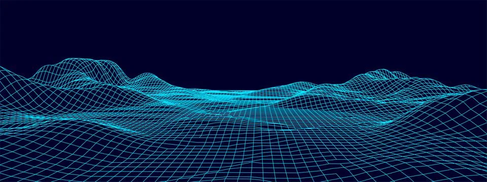 Digital wireframe landscape. Wireframe terrain polygon landscape design. Digi Stock Illustration