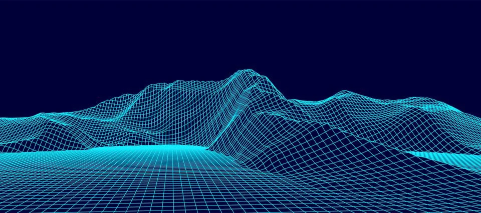 Digital wireframe landscape. Wireframe terrain polygon landscape design. Digi Illustrazione stock