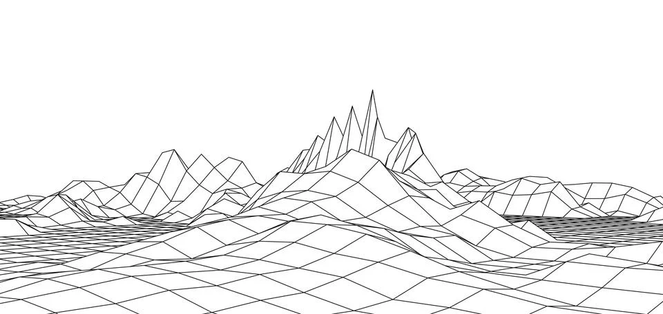 Digital wireframe landscape. Wireframe terrain polygon landscape design. Digi Stock Illustration