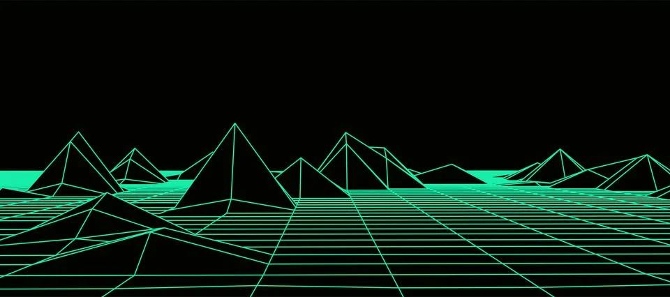 Digital wireframe landscape. Wireframe terrain polygon landscape design. Digi Stock Illustration