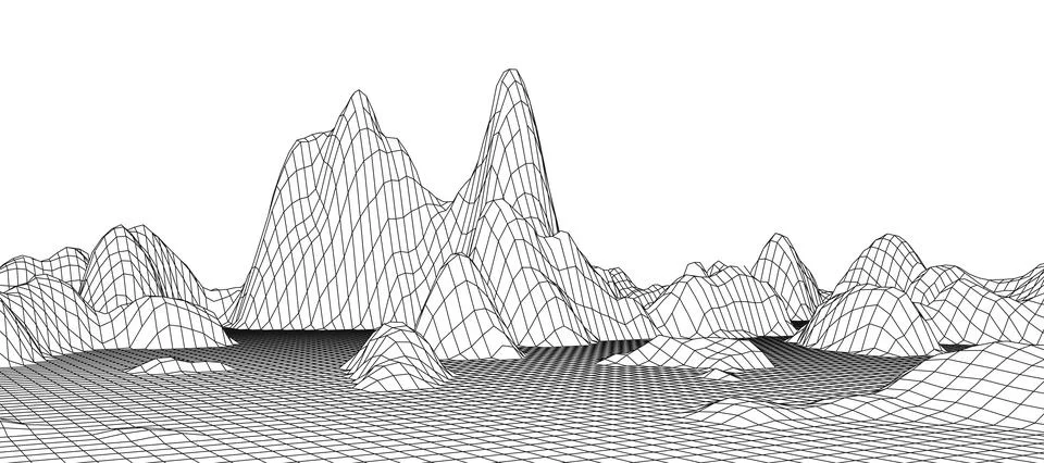 Digital wireframe landscape. Wireframe terrain polygon landscape design. Digi イラスト素材