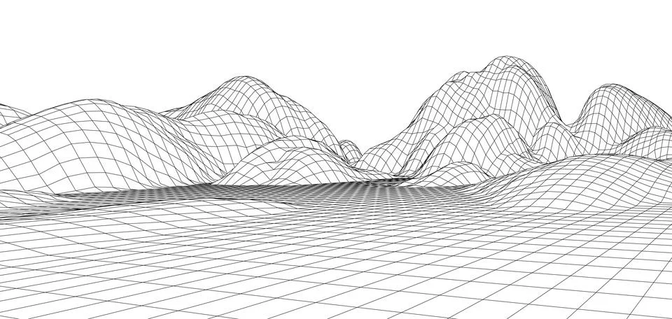 Digital wireframe landscape. Wireframe terrain polygon landscape design. Digi イラスト素材