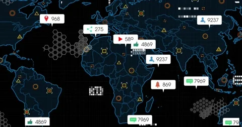 Digital wireframe map outlining Americas initiating world map view, metric Stock Footage 317159269