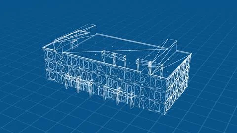 A digital wireframe model of a building on a blue grid background Illustrazione stock