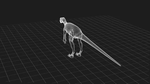 Digital Wireframe Model of Dinosaur in Virtual Grid Environment 库存影片 342376065