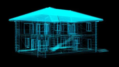 A digital wireframe model of a two story house with a prominent roof and vis Stock-Illustration