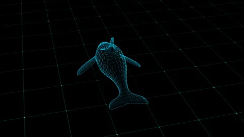 Digital Wireframe Orca on Grid: 3D Rendering in Virtual Reality Design Space 库存影片 343120246
