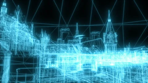 Digital wireframe rendering complex architectural building blueprint Stock Footage 340004790