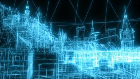 Digital wireframe rendering complex architectural building blueprint Stock Illustration