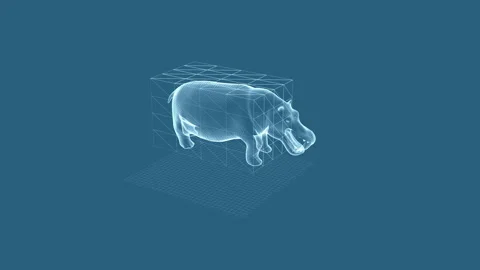Digital Wireframe Rendering of Hippopotamus in 3D Blue Atmospheric Setting 库存影片 342376331