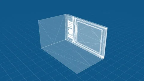Digital Wireframe Representation of a Microwave on Blue Grid Background Stock Footage 344715687