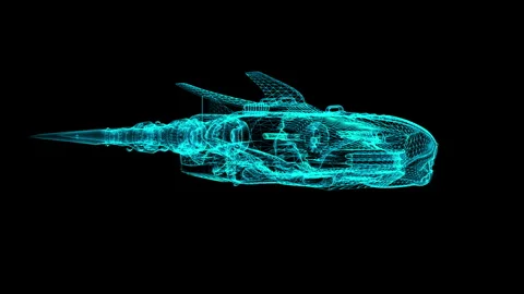 Digital Wireframe Spaceship Design: Futuristic Sci-Fi 3D Model in Neon Blue.. 库存影片 334590006