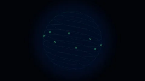 A digital wireframe sphere glowing with nodes on a dark background Stock Footage 338310616