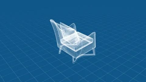 Digital Wireframe Visualization of Modern Chair on Grid Background Stock-Footage 344530238