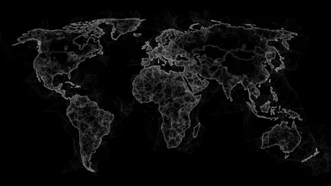 Digital Wireframe World Map on Black Background with Network Connections Vídeo Stock 341922016