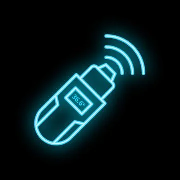 Digital wireless thermometer transmitting body temperature data in neon style Stock Illustration