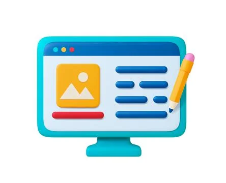 Digital work 3d office icon. Design app, computer monitor, file and pencil Stock Illustration