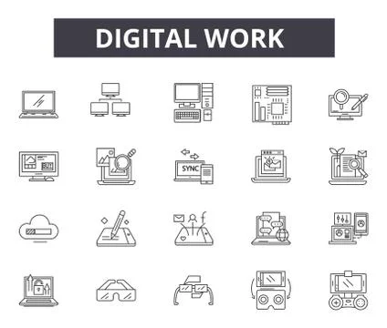 Digital work line icons for web and mobile design. Editable stroke signs Stock Illustration