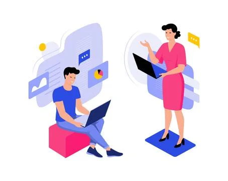 Digital work. People with laptops. Computer technology. Business characters Stock Illustration