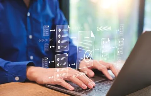 Digital workflow automation, Businessman using laptop computer doing online Stock Photos