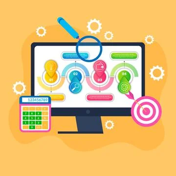 Digital Workflow with Calculator and Magnifying Glass on Yellow Background Stock Illustration