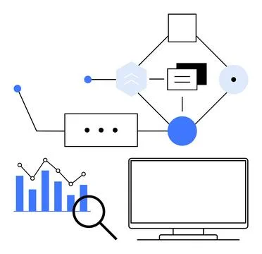 Digital Workflow Diagram with Computer, Data Analytics, and Network Connect.. Stock Illustration