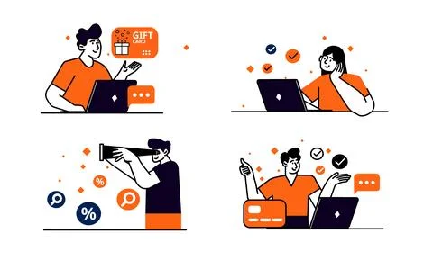 Digital workflow icons, People using computers set, Illustration of technolog Stockillustratie