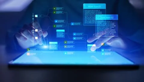 Digital workflow visualization showing project planning task management and p 写真素材
