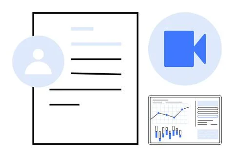Digital workspace with documents, video call icon, and data analysis on scree Stock Illustration