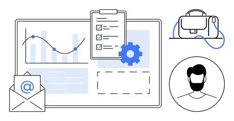 Digital Workspace Elements with Email, Checklist, Graph, Briefcase, and Use.. Stock Illustration