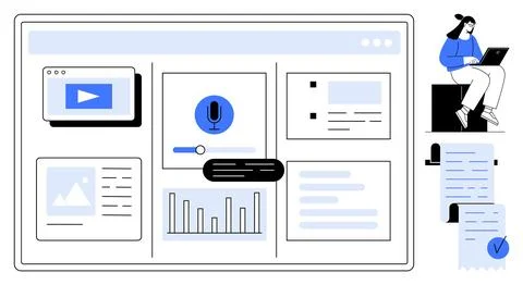 Digital Workspace Elements with Icons and Graphs for Remote Work Representati Illustrazione stock