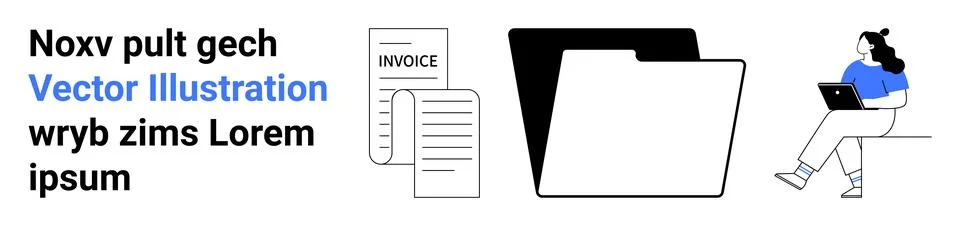 Digital Workspace Elements Invoice, File Folder, and Person Working on Laptop Stock Illustration